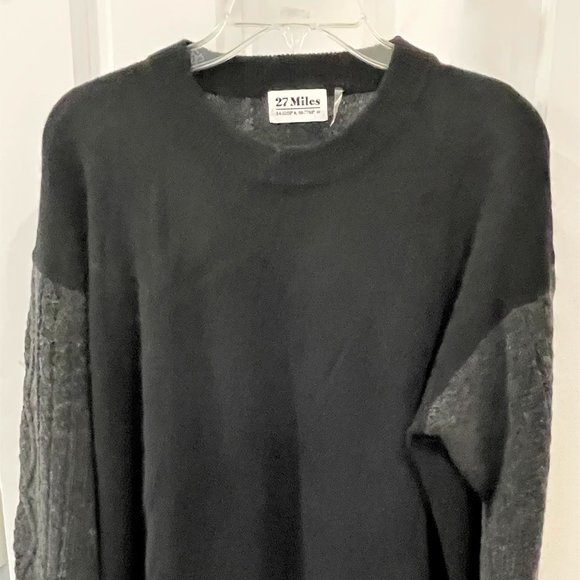27 Miles Cashmere Black Sweater with Gray Cable Knit Sleeves, Large